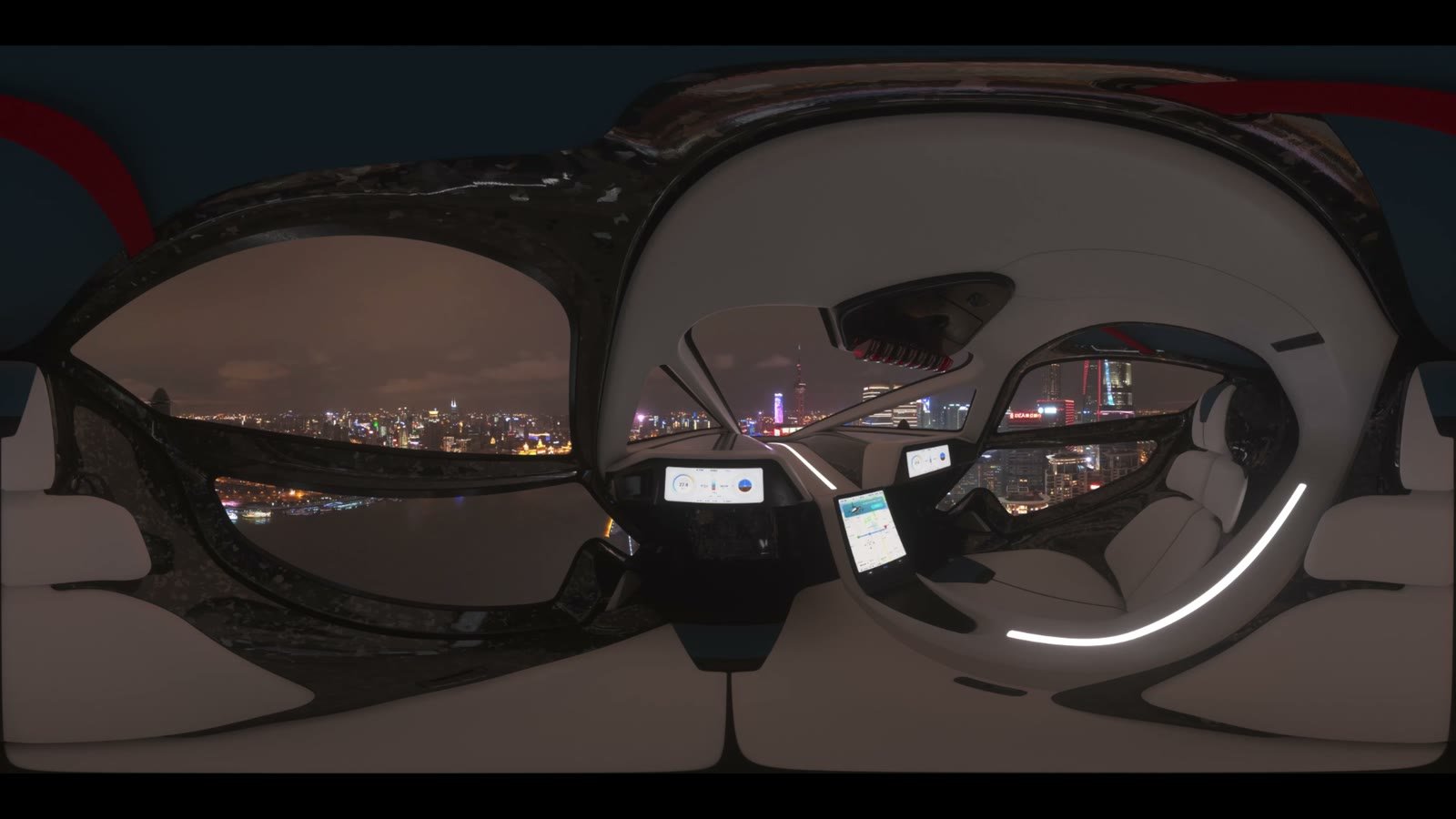 Sonic branding for automotive: the cockpit of a flying car over the lit skyline of Shanghai at night, from the Xpeng VR flight