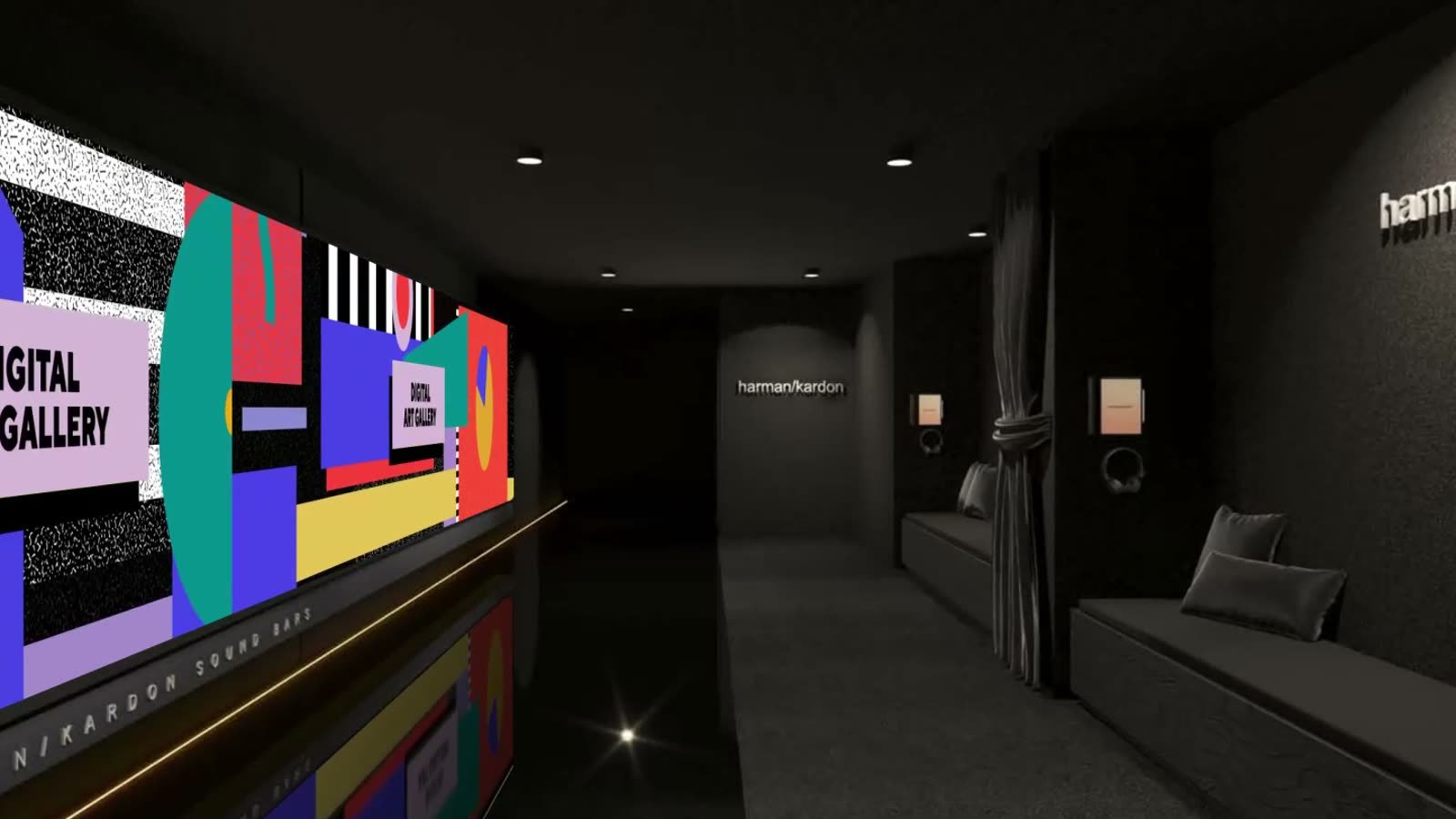 Sonic branding for luxury brands: a dark Harman Kardon listening lounge with a colorful digital art wall above a sound bar