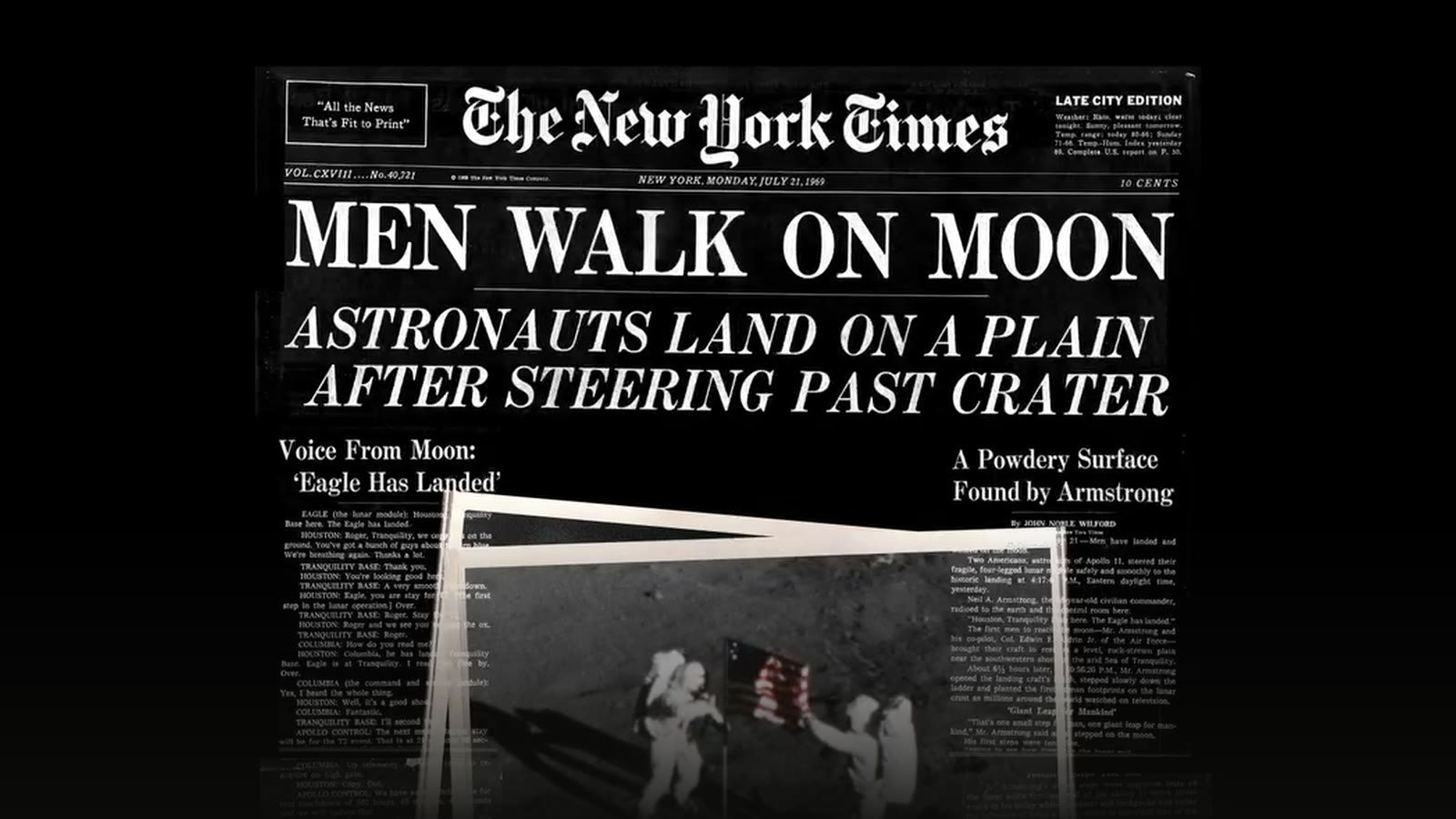Sonic branding for news brands: The New York Times front page of July 21, 1969, with the headline Men Walk on Moon, in the 175th anniversary video